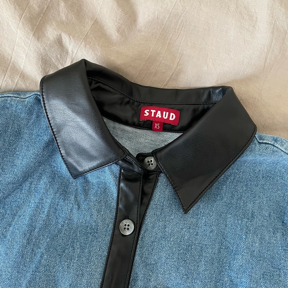STAUD Denim Dress with Black Leather Collar